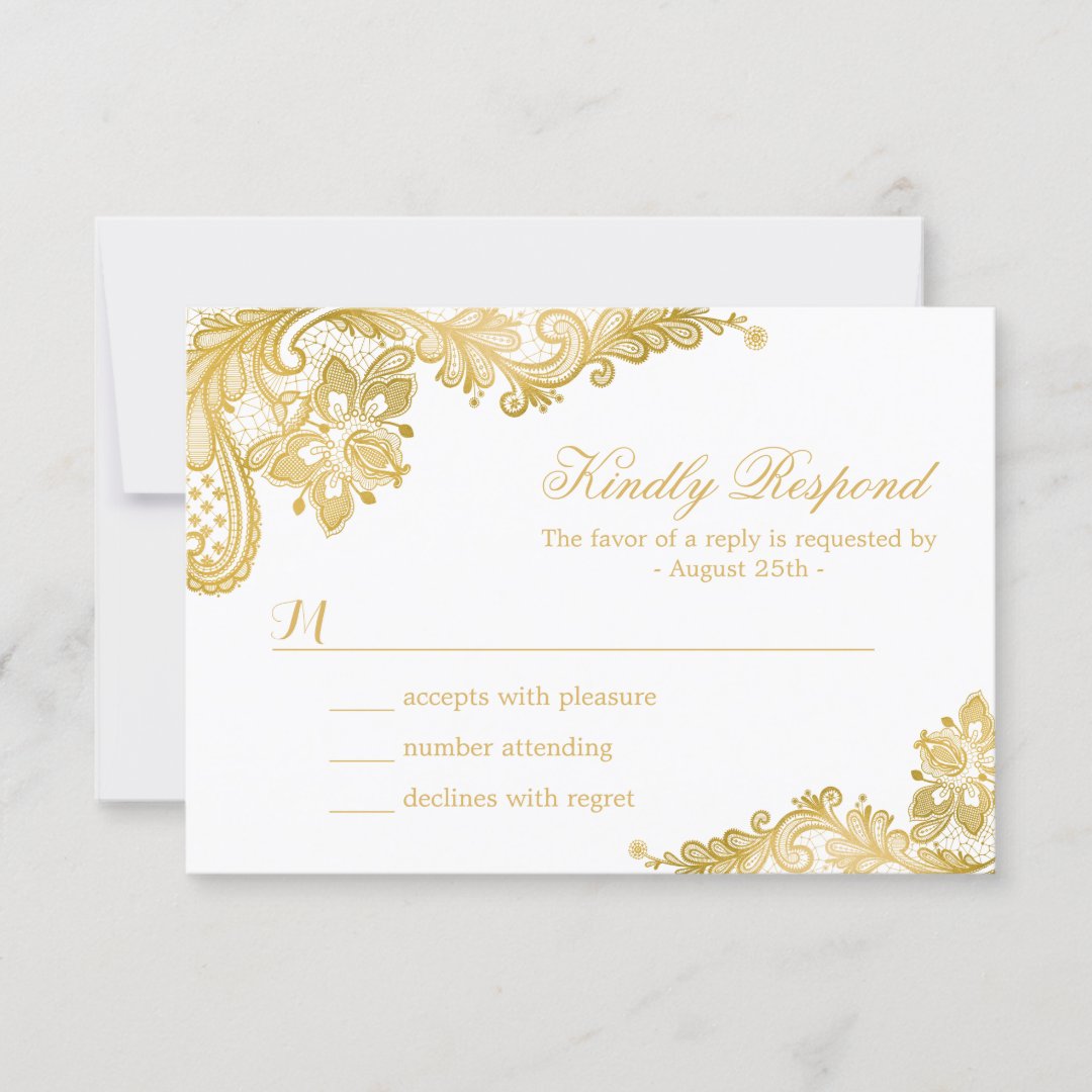 Elegant Gold Lace Wedding RSVP Card | Zazzle