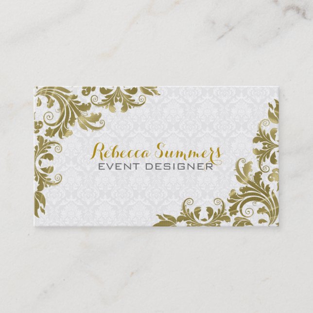 Elegant Gold Lace White Damasks Business Card (Front)