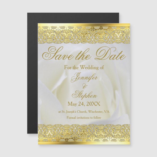 Elegant Gold Lace White Rose Wedding Save the Date Magnetic Invitation (Front/Back)