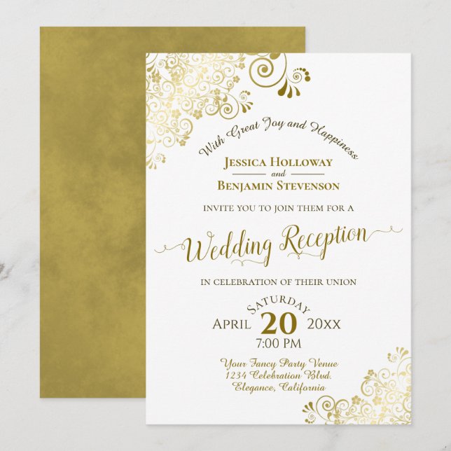 Elegant Gold Lace & White Wedding Reception Party Invitation (Front/Back)