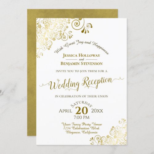 Elegant Gold Lace  White Wedding Reception Party Invitation