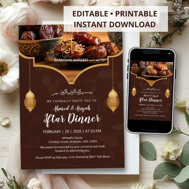 Elegant Gold Lantern Warm Brown with Dates Iftar Invitation (Creator Uploaded)