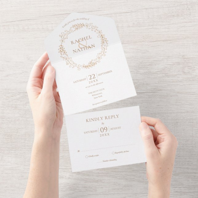 Elegant Gold Laurel Garland Monogram Wedding All In One Invitation (Tearaway)