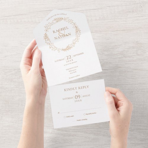 Elegant Gold Laurel Garland Monogram Wedding All In One Invitation