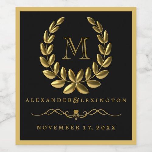 Elegant Gold Laurel Wreath and Monogram Wedding Wine Label