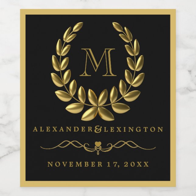 Elegant Gold Laurel Wreath and Monogram Wedding Wine Label (Single Label)