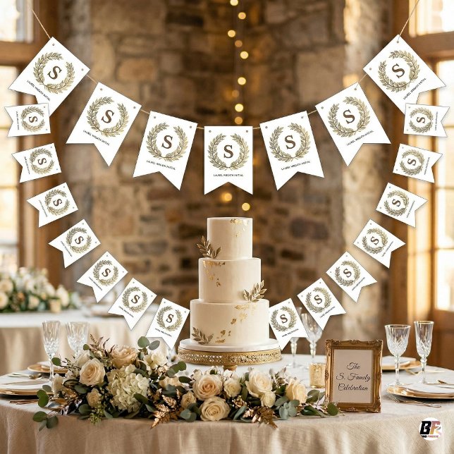 Elegant Gold Laurel Wreath Custom Monogram Bunting Flags (Creator Uploaded)