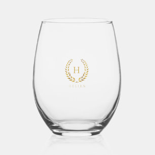 Elegant Gold Laurel Wreath Custom Monogram Stemless Wine Glass