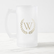 Elegant Gold Laurel Wreath Monogram Frosted Glass Beer Mug