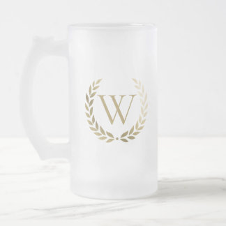 Elegant Gold Laurel Wreath Monogram Frosted Glass Beer Mug