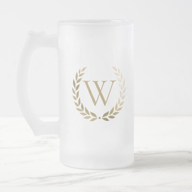 Elegant Gold Laurel Wreath Monogram Frosted Glass Beer Mug (Left)