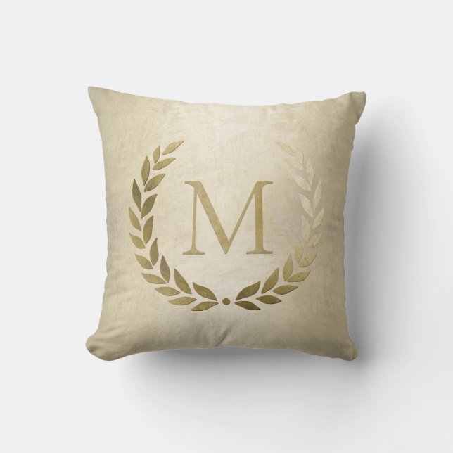 Elegant Gold Laurel Wreath Monogram Initial Throw Pillow (Front)