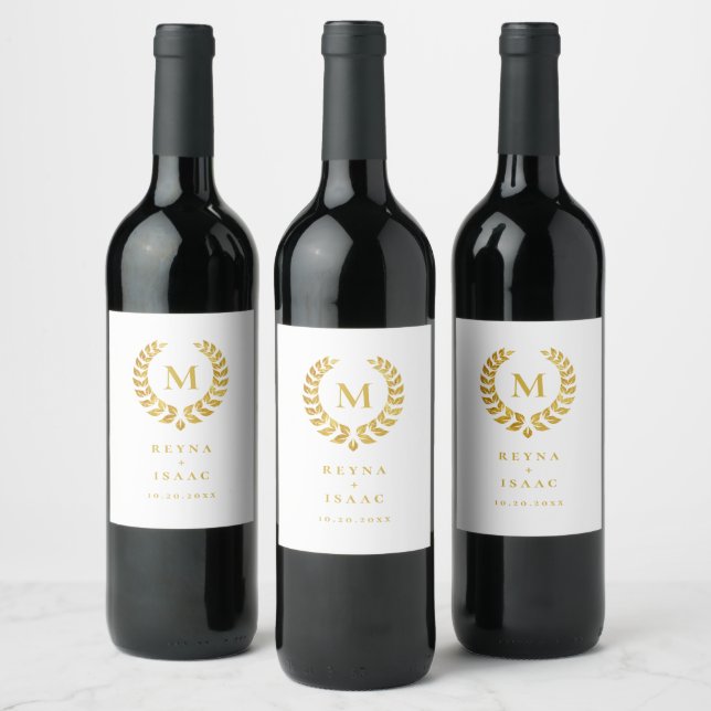 Elegant Gold Laurel Wreath Monogram White Wine Label (Bottles)