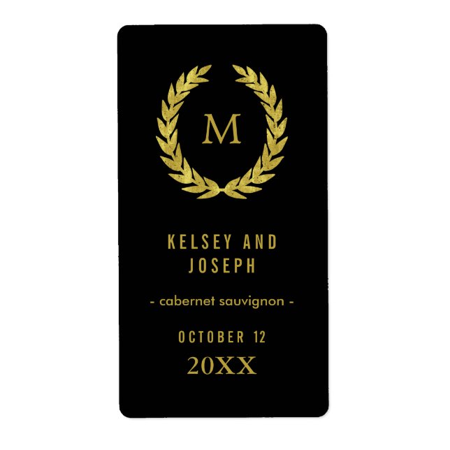 Elegant Gold Laurel Wreath on Black Wedding Wine Label (Front)