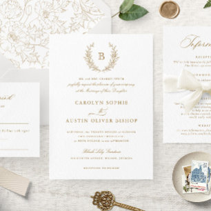 Elegant Gold Laurel Wreath Wedding Monogram Crest Invitation
