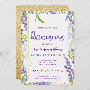 Elegant Gold Lavender Floral Glitter Quinceanera Invitation