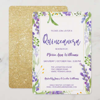 Elegant Gold Lavender Floral Glitter Quinceanera Invitation