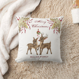 Elegant Gold Leaf and Red Berries Deer Christmas Throw Pillow