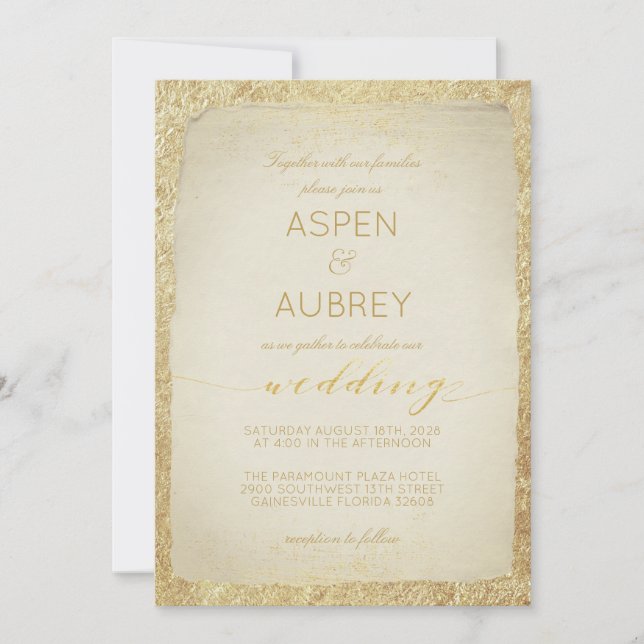 Elegant Gold Leaf Antique Script Wedding Invitation (Front)