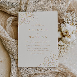 Elegant Gold Leaf & Beige Modern Wedding Invitation