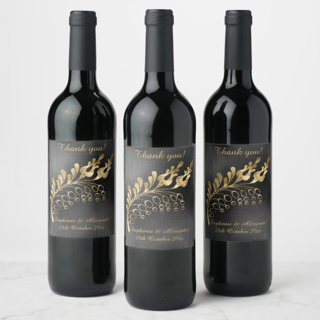 ELEGANT GOLD LEAF BLACK DENT CUSTOMIZABLE WINE LABEL (Bottles)