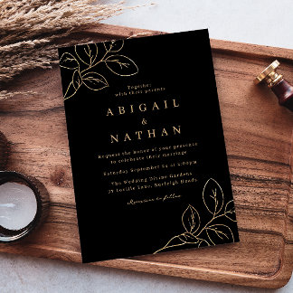 Elegant Gold Leaf & Black Modern Wedding Invitation