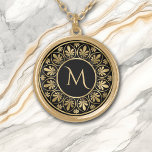 Elegant Gold Leaf Border Monogram Gold Plated Necklace<br><div class="desc">This elegant necklace features your monogram in gold on a dramatic black background. The monogram is framed by a circular design using leaf and swirl images repeated around the perimeter. Beautiful!</div>