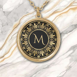 Elegant Gold Leaf Border Monogram Gold Plated Necklace