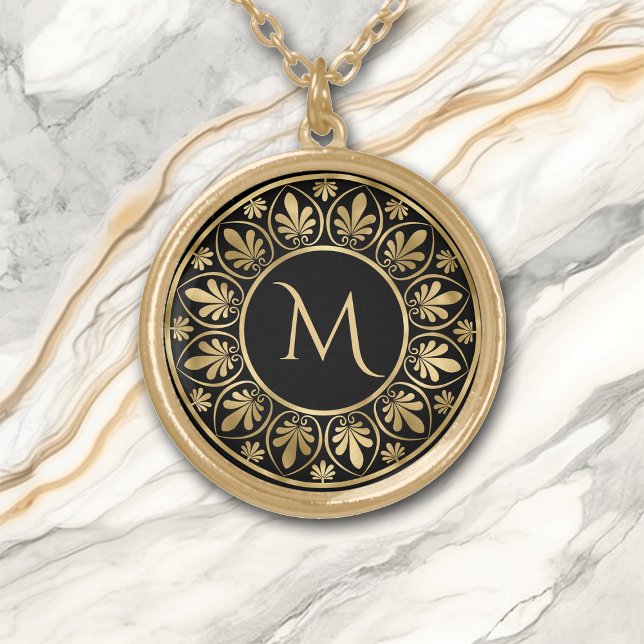 Elegant Gold Leaf Border Monogram Gold Plated Necklace (Creator Uploaded)