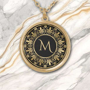 Elegant Gold Leaf Border Monogram Plated Necklace