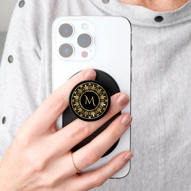 Elegant Gold Leaf Border Monogram PopSocket (Hand)