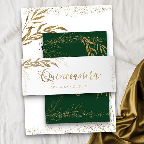 Elegant Gold Leaf Confetti Quinceanera Invitation Belly Band