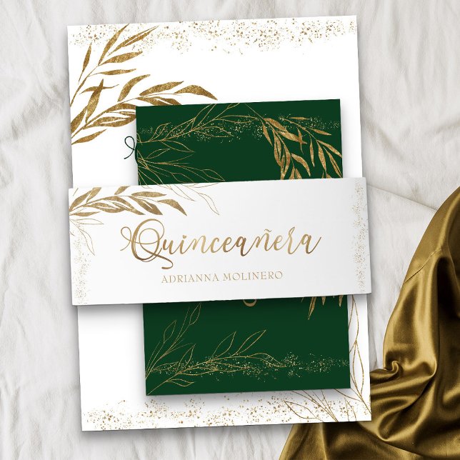 Elegant Gold Leaf Confetti Quinceanera Invitation Belly Band (White Quinceanera invitation belly band from my Gold Leaf Quinceanera Collection)