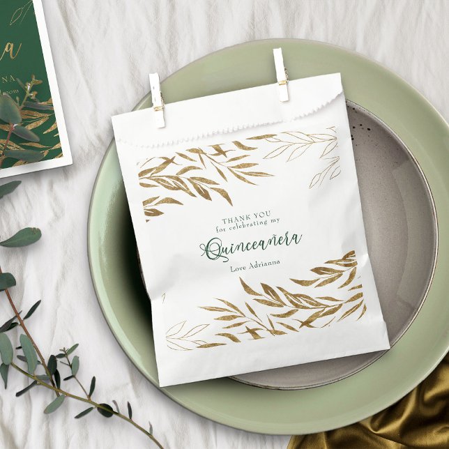 Elegant Gold Leaf Emerald Green Quinceanera Favor Bag (Emerald Green Quinceanera favor bags from my Gold Leaf Quinceanera Collection)