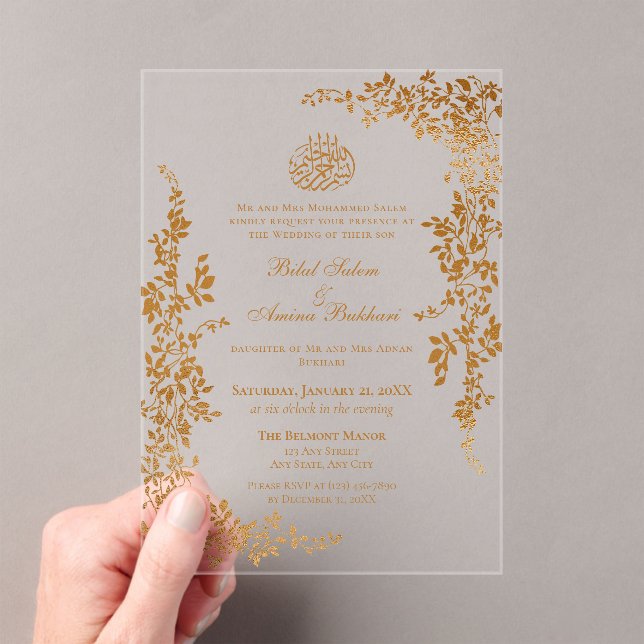 Elegant Gold Leaf Islamic Wedding Acrylic Invitations (Insitu (Handheld))