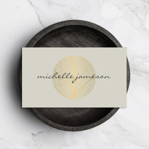 Elegant Gold Leaf Logo on Light Tan Business Card