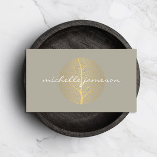 Elegant Gold Leaf Logo on Tan Business Card