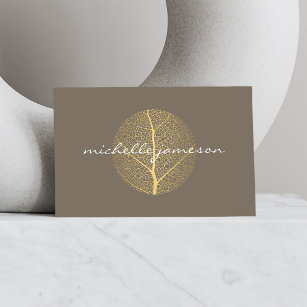 Elegant Gold Leaf Logo on Taupe Business Card
