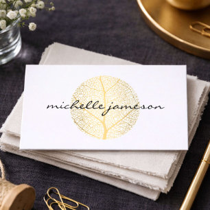Elegant Gold Leaf Logo on White Business Card