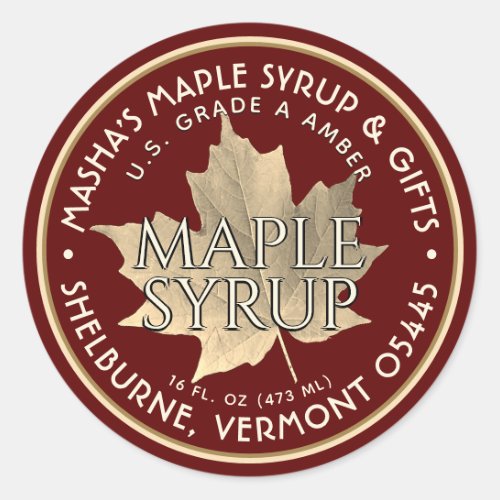 Elegant Gold Leaf Maple Syrup Sticker Red