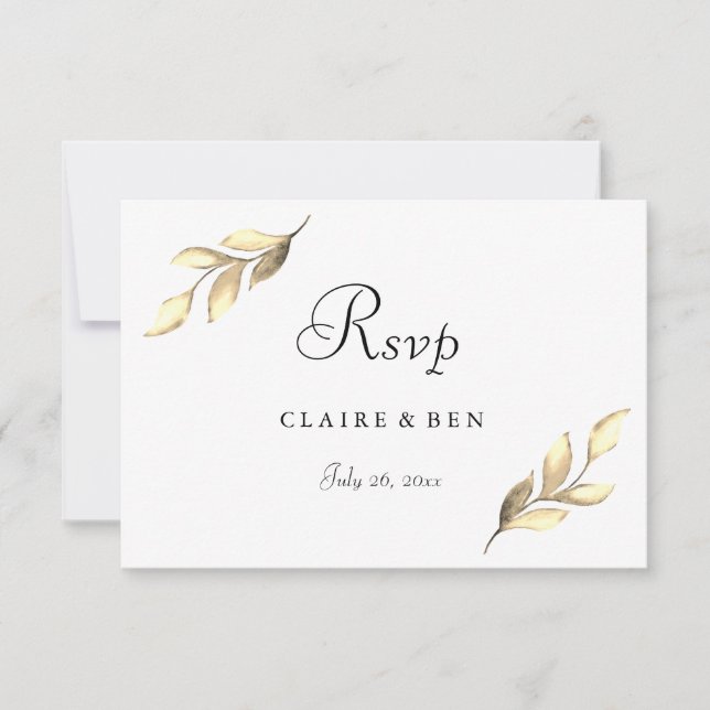 Elegant Gold Leaf Modern Wedding Invite RSVP (Front)