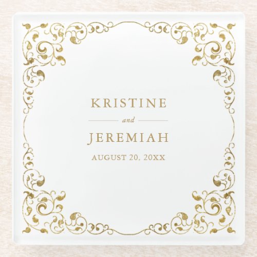 Elegant Gold Leaf Name Wedding Glass Coaster