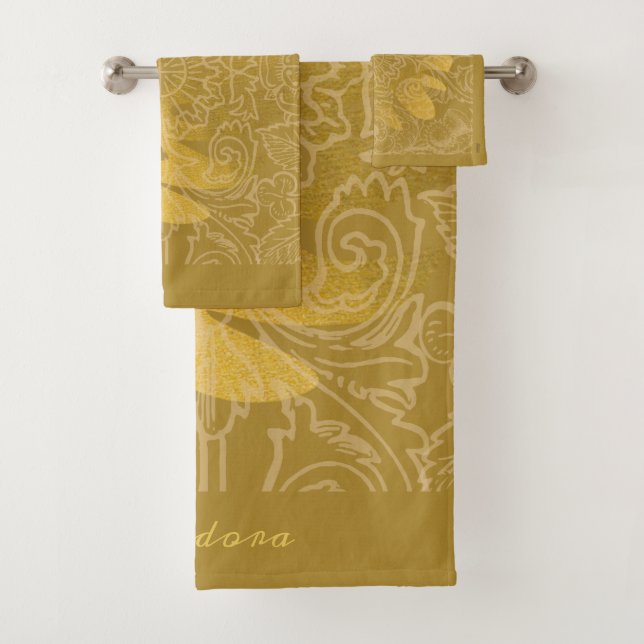 Elegant Gold Leaf Ocher Classic Pattern Bath Towel Set (Insitu)
