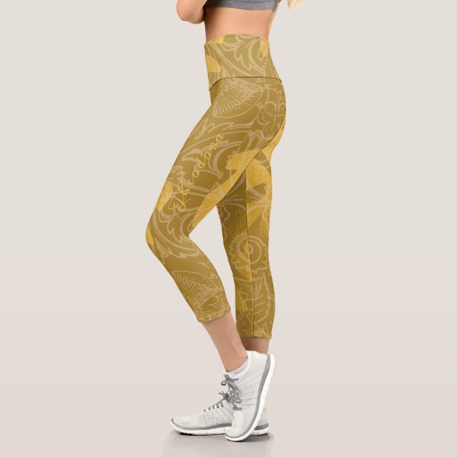 Elegant Gold Leaf Ocher Classic Pattern Capri Leggings (Left)