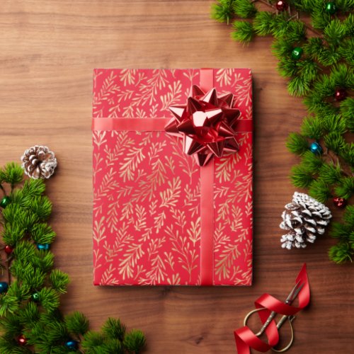 Elegant Gold Leaf Pattern Red Christmas Wrapping Paper