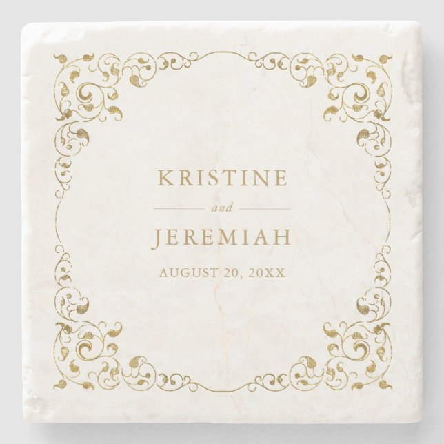Elegant Gold Leaf Personalized Wedding Stone Coaster (Front)
