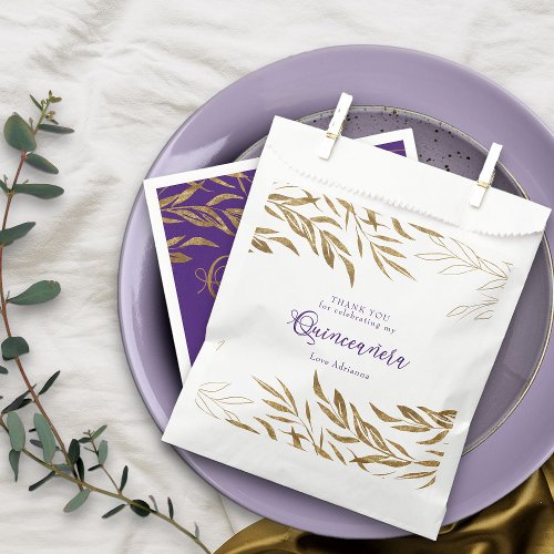 Elegant Gold Leaf Purple Quinceanera Favor Bag