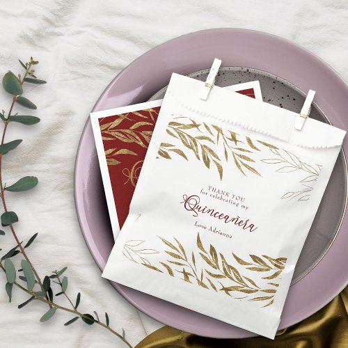 Elegant Gold Leaf Red Quinceanera Script Favor Bag