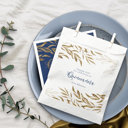 Elegant Gold Leaf Royal Blue Quinceanera Favor Bag