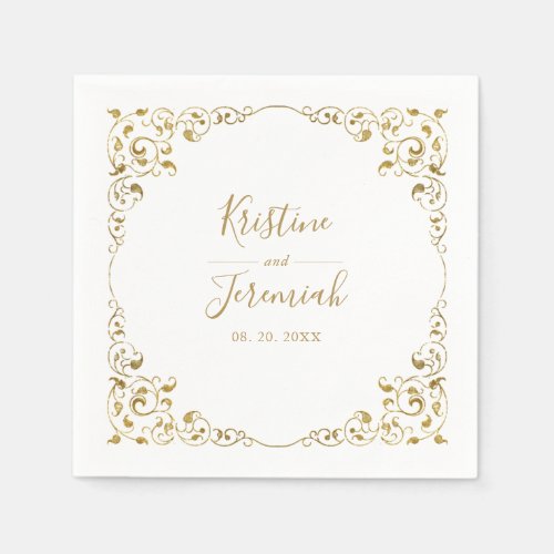 Elegant Gold Leaf Script Name Wedding Napkins